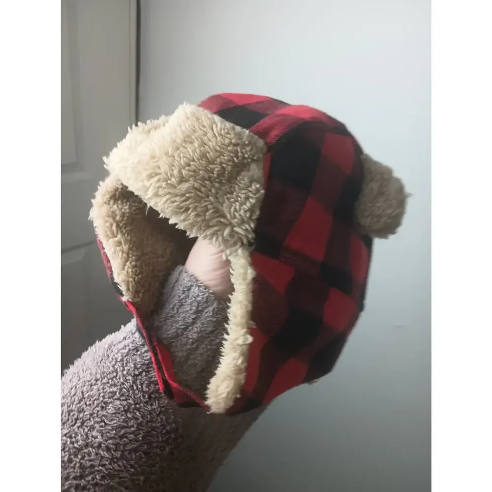 Toddler Infant Red Black Buffalo‎ Plaid Trapper Hat Faux Fur Lining Duck NWT